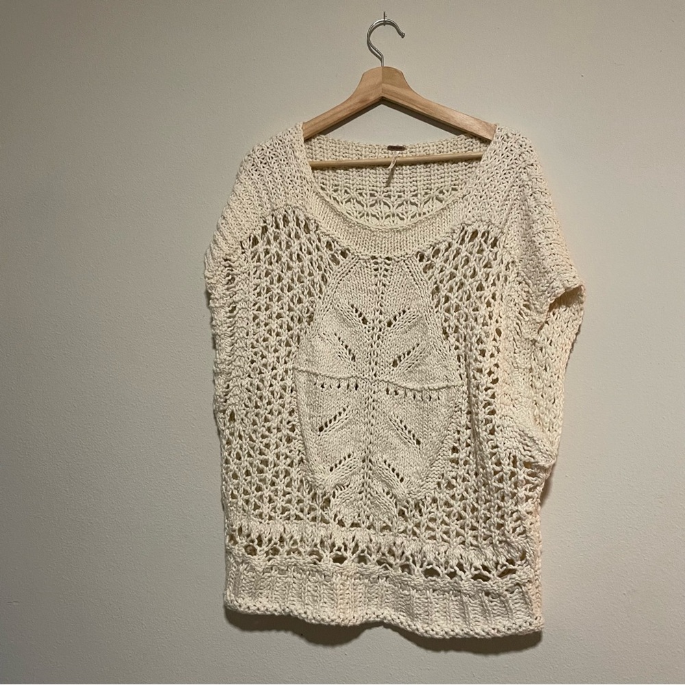 Free People Cream Diamond In The Rough Short-sleeve Knit Sweater, Size Large - Picture 2 of 5